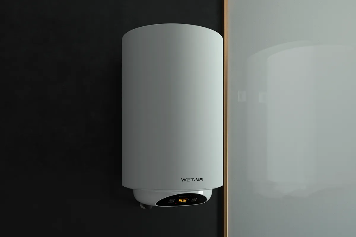 WetAir MWH1-80L water heater mounted on a dark bathroom wall