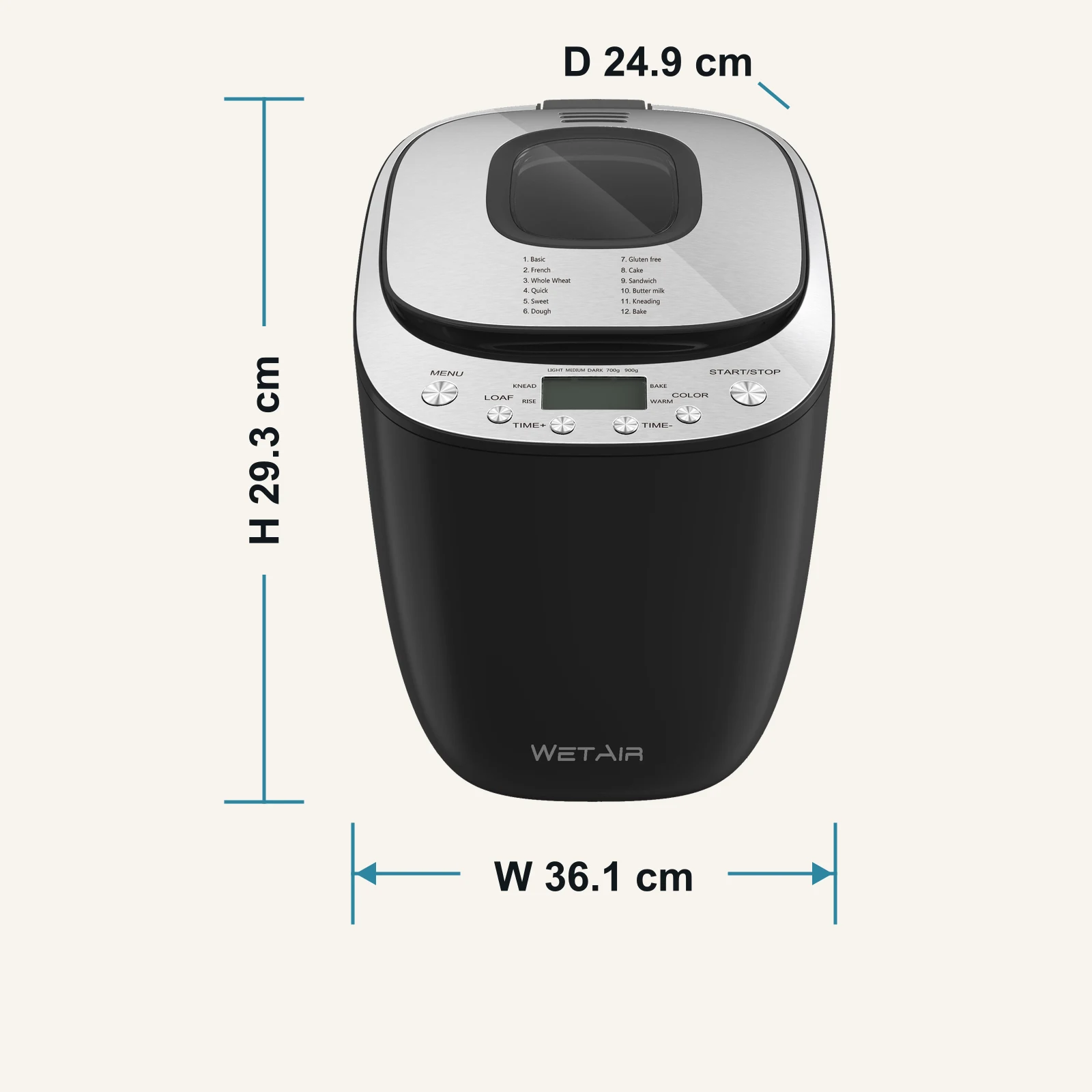 Габарити хлібопічки WetAir WBM-X4406: 36,1 на 24,9 на 29,3 сантиметра