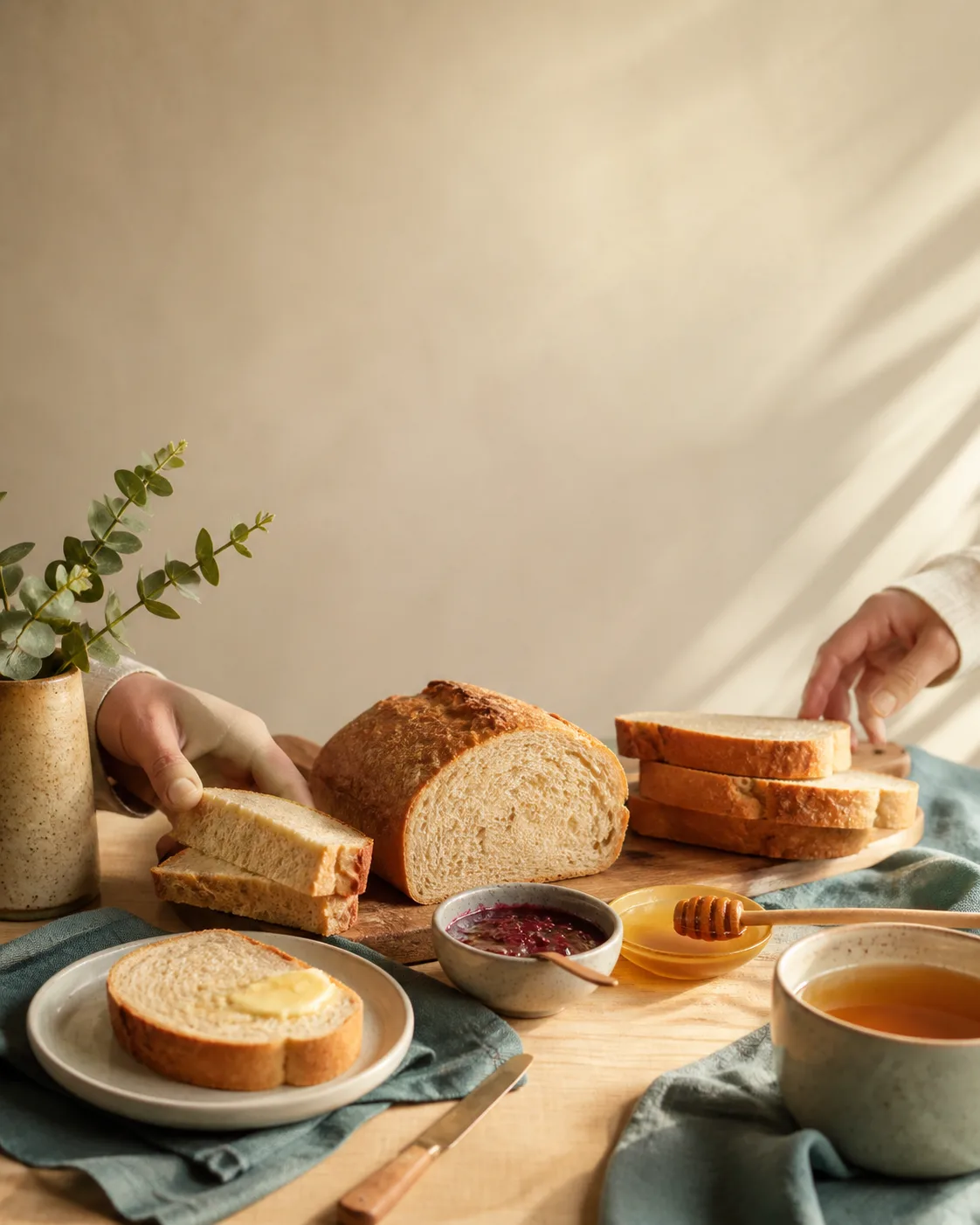 Домашній сніданок зі свіжим хлібом, маслом, медом, варенням і чаєм