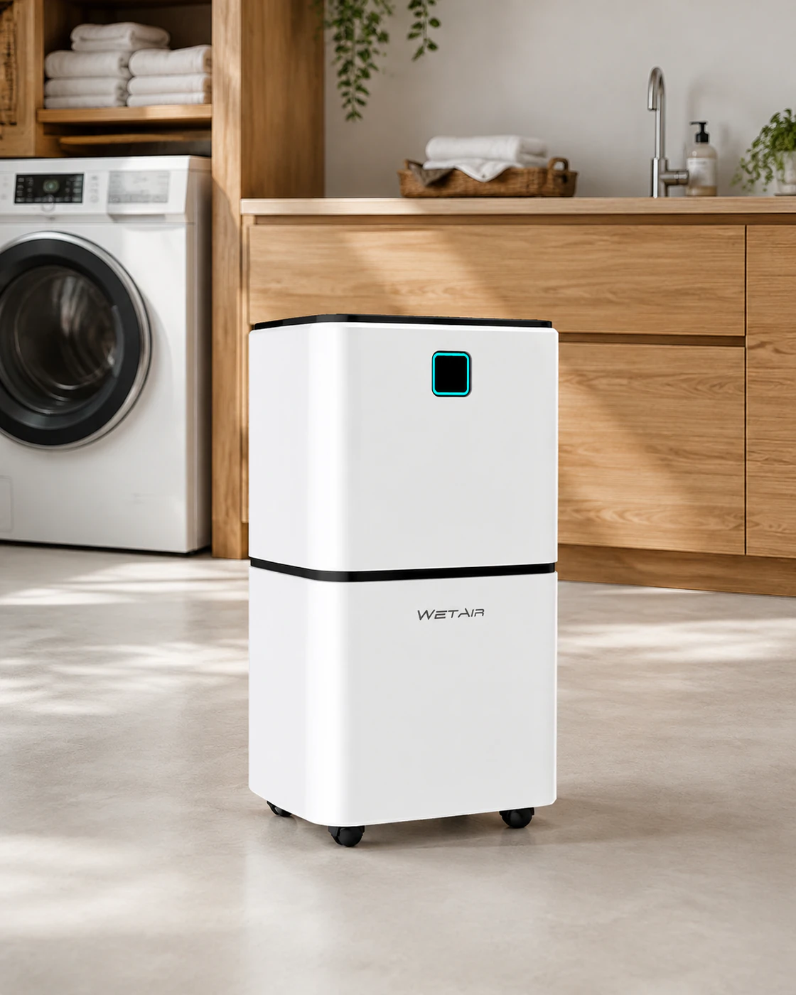 White WetAir WAD-F12L dehumidifier standing on a laundry-room floor next to a washing machine
