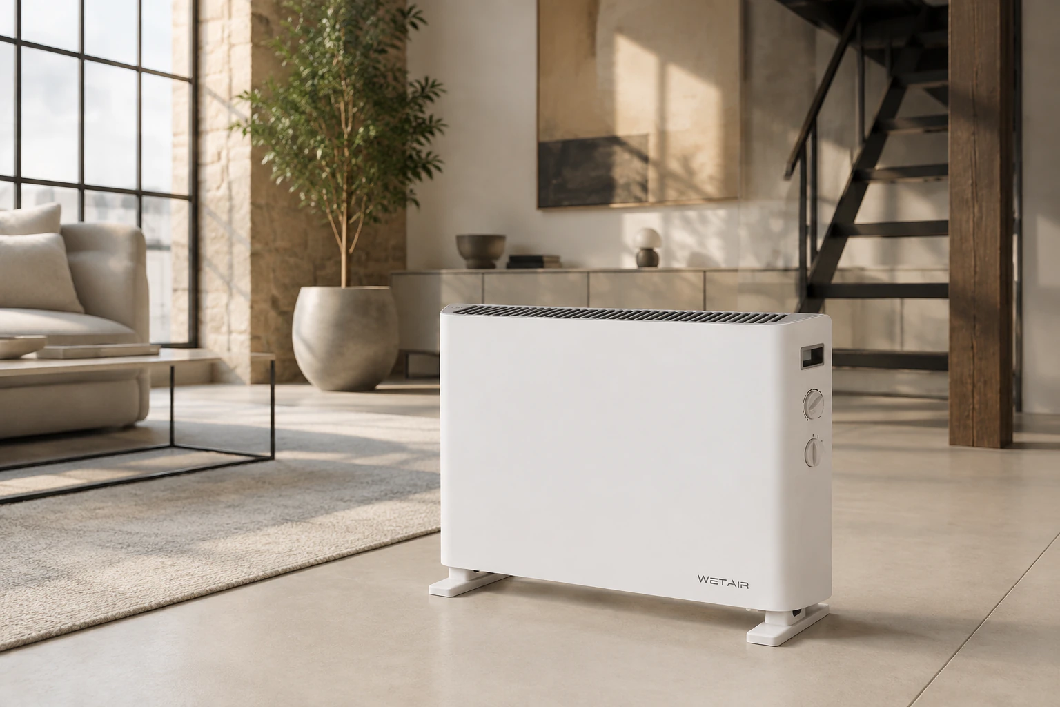 White floor-standing WetAir WCH-600EWW convector on feet in a bright living room