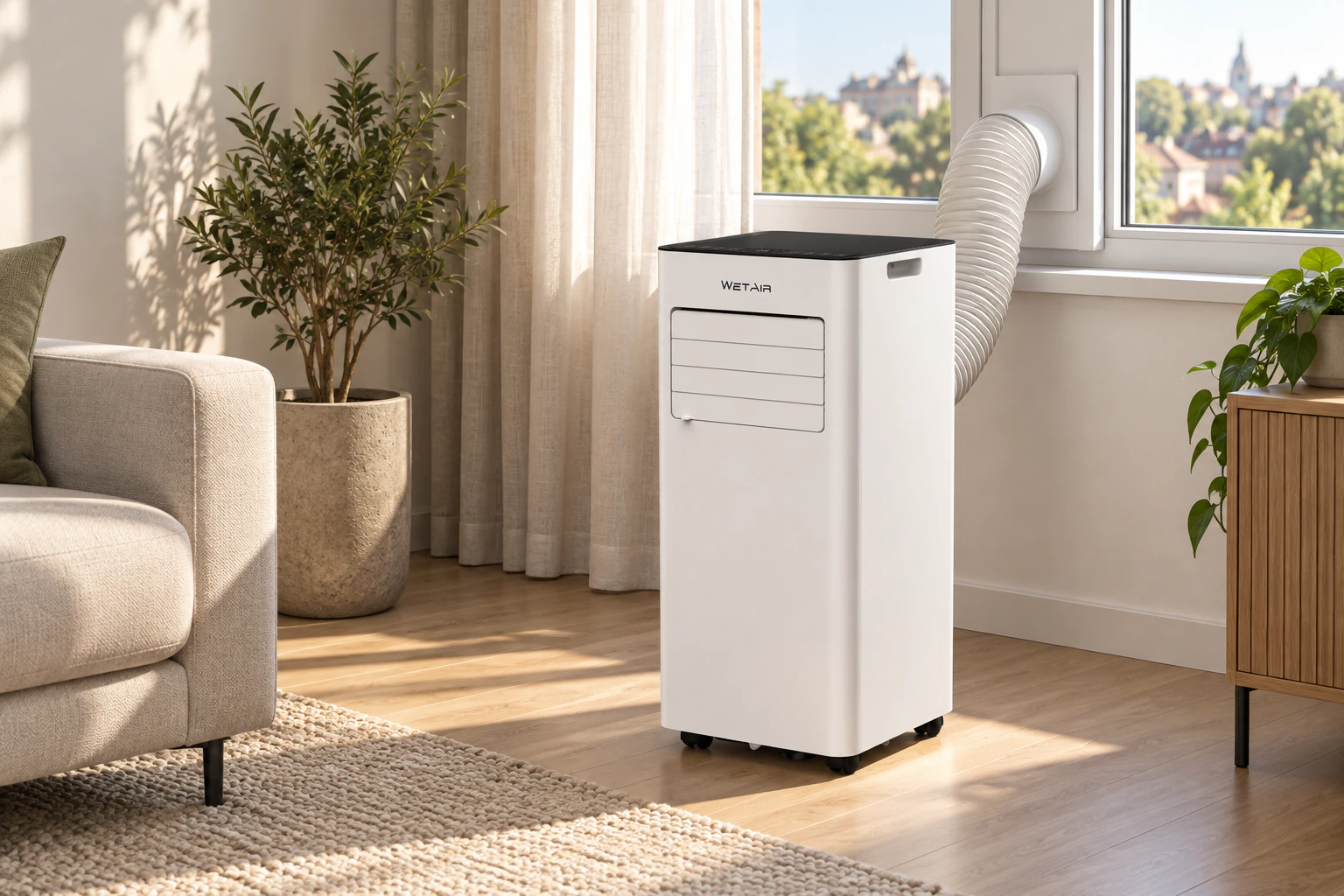 White WetAir WPAC-E07K portable air conditioner in a living room with its hose led out through the window