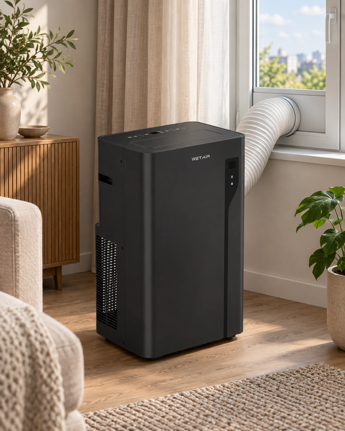Black WetAir WPAC-H12KB portable air conditioner in a room with its hose led out through the window